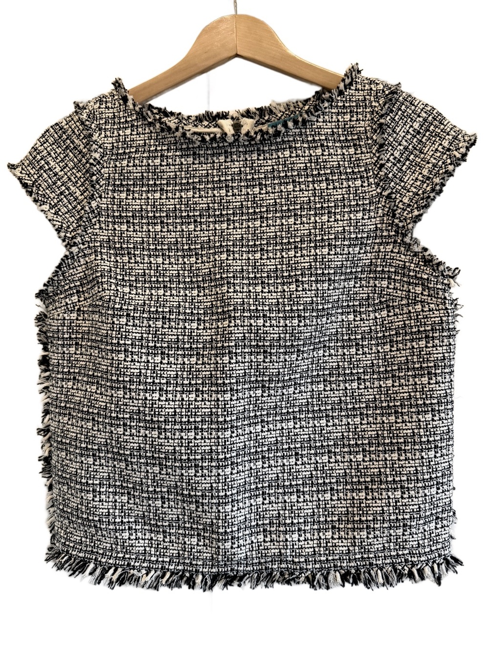 Alice + Olivia Black White Fringe Tweed Short Sleeve Blouse — Size S